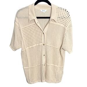 Kotn Open Knit Cotton Button Shirt Oatmeal Crochet Festival Summer Top - S